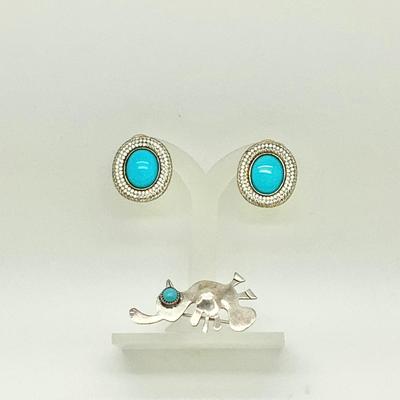 8317 Sterling Silver Bird Pin with Gold over Sterling Silver Turquoise Earrings