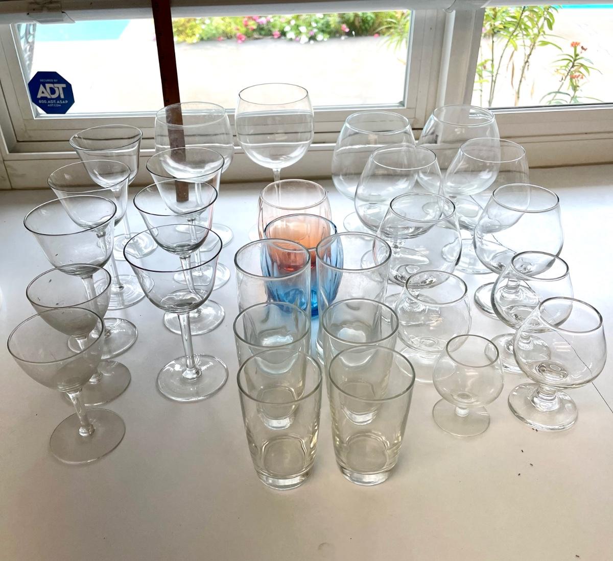 Mixed glasses wine, beverage, brandy glassware lot F