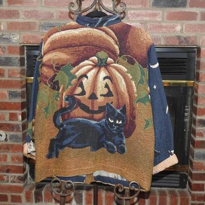 Halloween black cat/pumpkin fall tapestry jacket