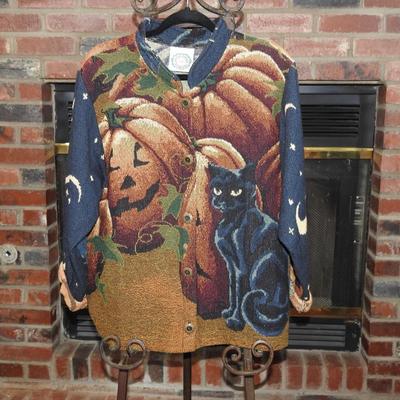 Halloween black cat/pumpkin fall tapestry jacket