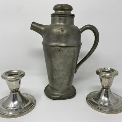 Pewter Candlestick Holders and Water/Tea Pitcher