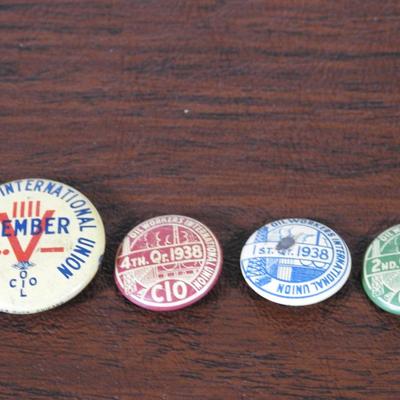 Collection of 4 American oil workers union pins from 1938
