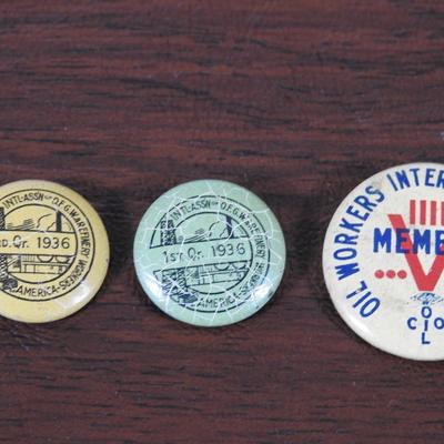 Collection of 3 American oil workers union pins from 1936