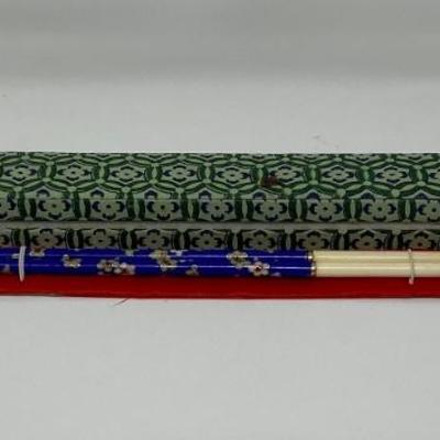 Vintage Blue Floral Chinese Cloisonne Enamel Bone Chopsticks with Case