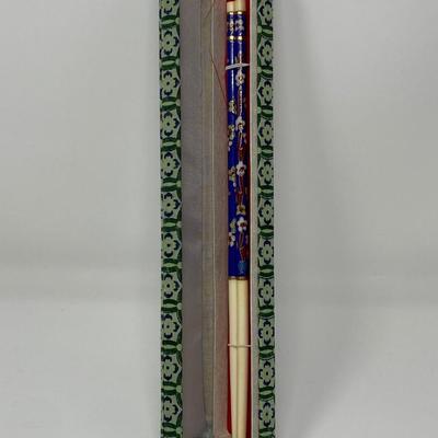 Vintage Blue Floral Chinese Cloisonne Enamel Bone Chopsticks with Case