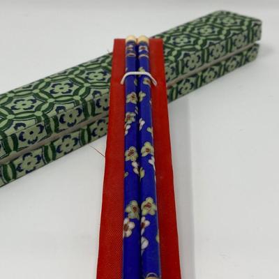 Vintage Blue Floral Chinese Cloisonne Enamel Bone Chopsticks with Case