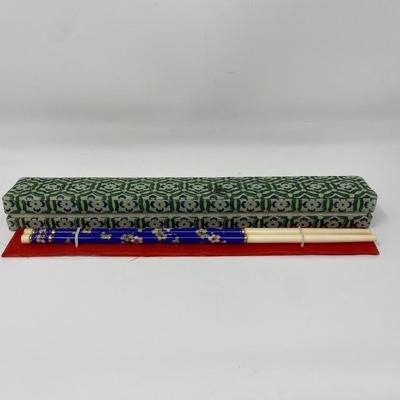 Vintage Blue Floral Chinese Cloisonne Enamel Bone Chopsticks with Case