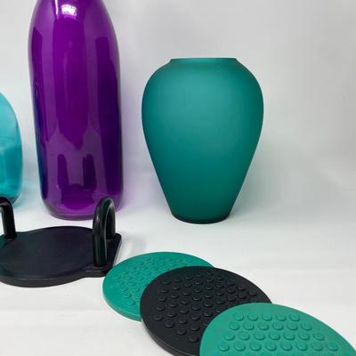 Collection of Assorted Colored Glass and Vintage Coasters