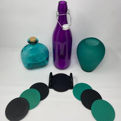 Collection of Assorted Colored Glass and Vintage Coasters