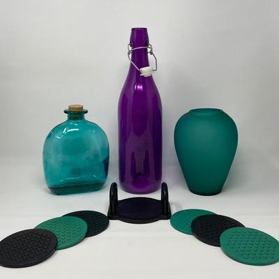 Collection of Assorted Colored Glass and Vintage Coasters
