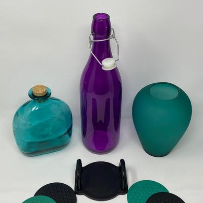 Collection of Assorted Colored Glass and Vintage Coasters