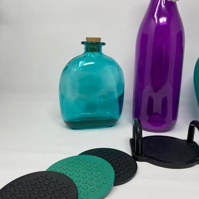 Collection of Assorted Colored Glass and Vintage Coasters