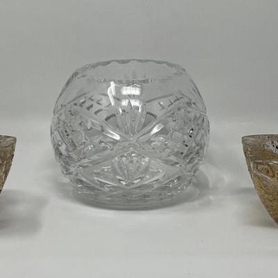 Cut Crystal Bowl with Pair of Glass and Gold Speck Candleholders