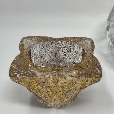 Cut Crystal Bowl with Pair of Glass and Gold Speck Candleholders