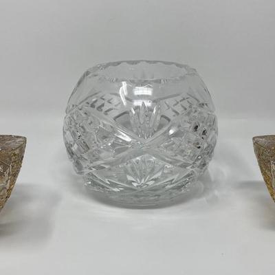 Cut Crystal Bowl with Pair of Glass and Gold Speck Candleholders
