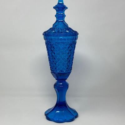 Vintage Large Sapphire Blue Diamond Cut Glass Apothecary Covered Jar
