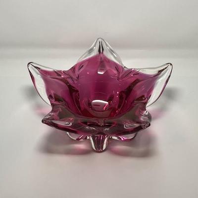Vintage Pink and Clear Murano Blown-Glass Art Floral Footed Bowl