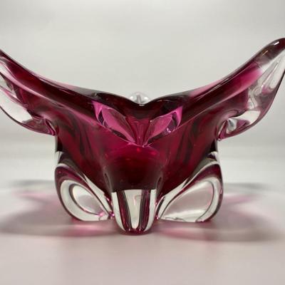 Vintage Pink and Clear Murano Blown-Glass Art Floral Footed Bowl