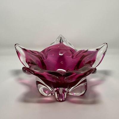 Vintage Pink and Clear Murano Blown-Glass Art Floral Footed Bowl