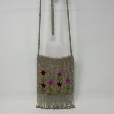 Vintage Micro-Bead Toni Floral Shoulder Bag with Beaded Fringe