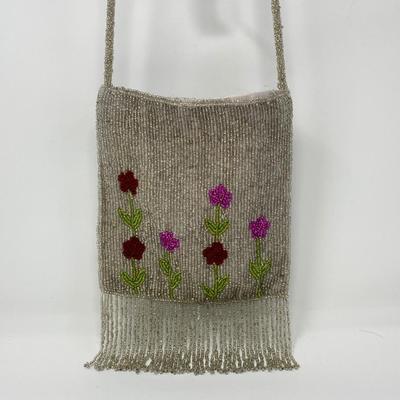 Vintage Micro-Bead Toni Floral Shoulder Bag with Beaded Fringe