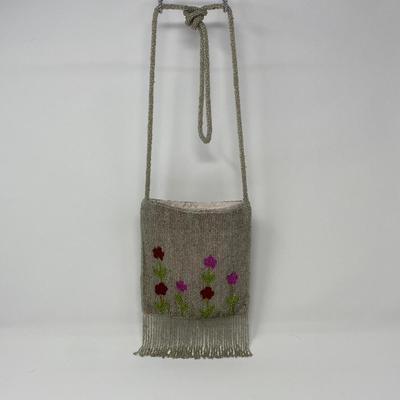Vintage Micro-Bead Toni Floral Shoulder Bag with Beaded Fringe