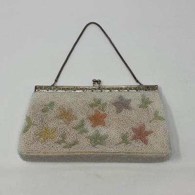 Vintage Ivory Micro-Bead and Multi-Color Micro-Bead Floral Handbag