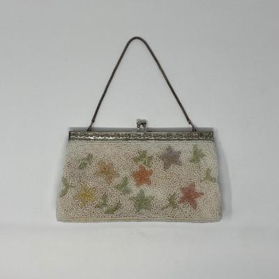 Vintage Ivory Micro-Bead and Multi-Color Micro-Bead Floral Handbag