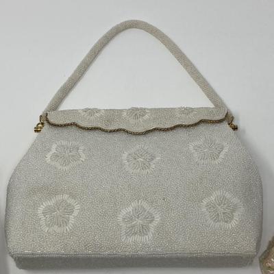 Vintage Ivory, White, and Gold Micro-Bead and Sequin Handbag