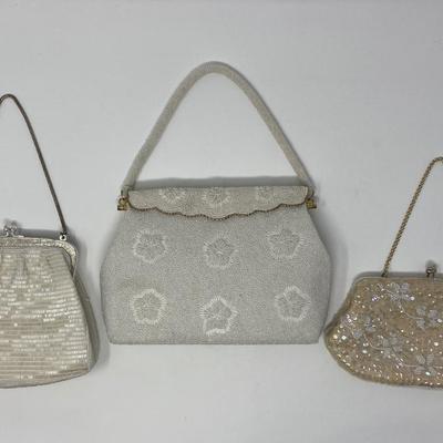 Vintage Ivory, White, and Gold Micro-Bead and Sequin Handbag