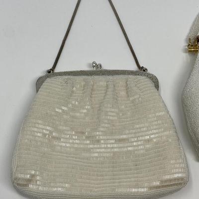 Vintage Ivory, White, and Gold Micro-Bead and Sequin Handbag