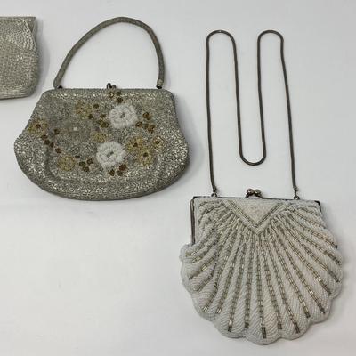 Vintage Silver and Ivory Micro-Bead Clutch, Floral Handbag, and Sequin Purse