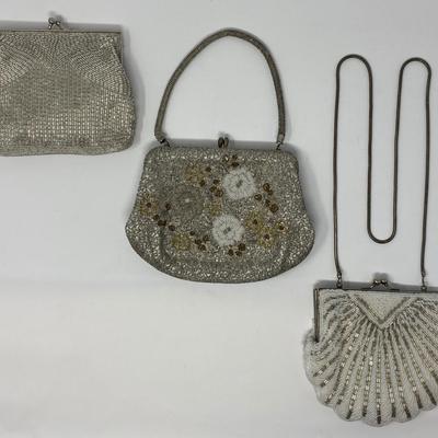 Vintage Silver and Ivory Micro-Bead Clutch, Floral Handbag, and Sequin Purse