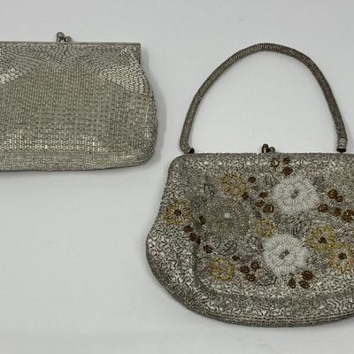 Vintage Silver and Ivory Micro-Bead Clutch, Floral Handbag, and Sequin Purse