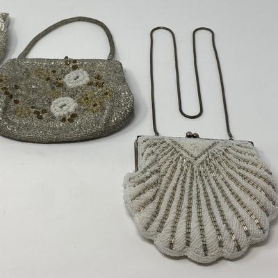 Vintage Silver and Ivory Micro-Bead Clutch, Floral Handbag, and Sequin Purse