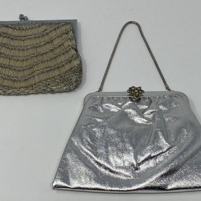 Vintage Ivory Micro-Bead Clutch, Metallic Silver Handbag, and Silver Sequin Clutch