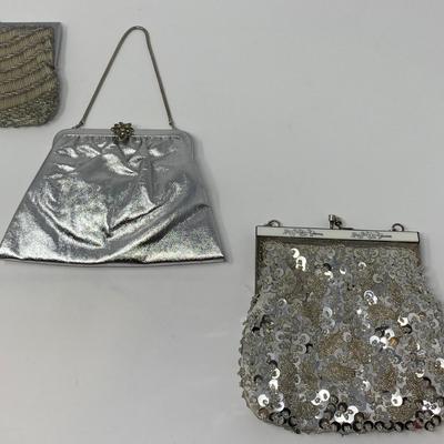 Vintage Ivory Micro-Bead Clutch, Metallic Silver Handbag, and Silver Sequin Clutch