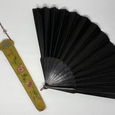 Two Vintage HandHeld Fans and One Large Black Leather Antique Handheld Fan
