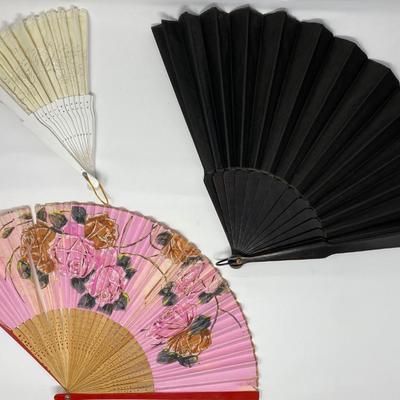 Two Vintage HandHeld Fans and One Large Black Leather Antique Handheld Fan