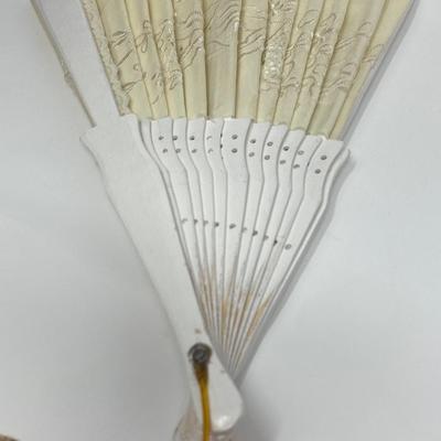 Two Vintage HandHeld Fans and One Large Black Leather Antique Handheld Fan
