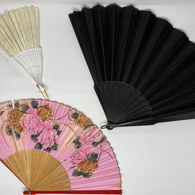 Two Vintage HandHeld Fans and One Large Black Leather Antique Handheld Fan