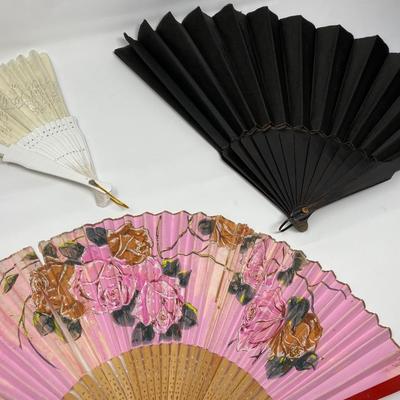 Two Vintage HandHeld Fans and One Large Black Leather Antique Handheld Fan