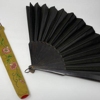 Two Vintage HandHeld Fans and One Large Black Leather Antique Handheld Fan