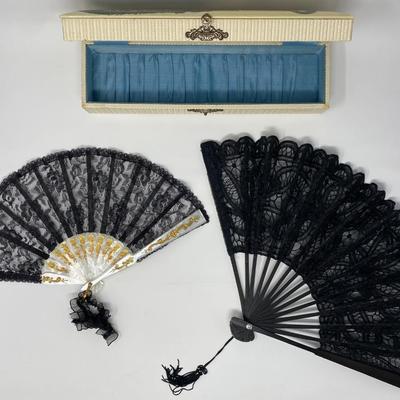 Two Vintage Black Lace Handheld Fans with Case