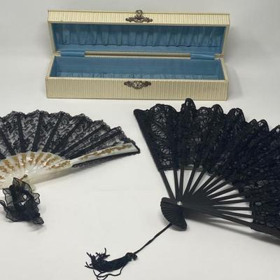 Two Vintage Black Lace Handheld Fans with Case
