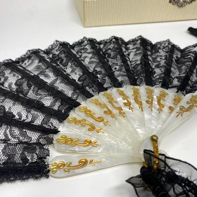 Two Vintage Black Lace Handheld Fans with Case