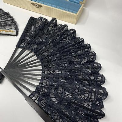 Two Vintage Black Lace Handheld Fans with Case