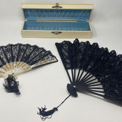 Two Vintage Black Lace Handheld Fans with Case