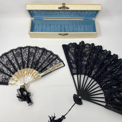 Two Vintage Black Lace Handheld Fans with Case