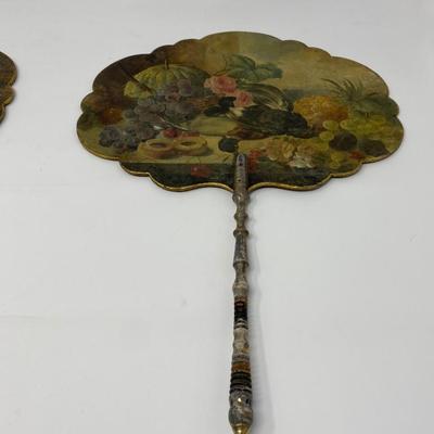 Two Antique Hand-Painted Wooden Handheld Fans